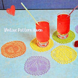 May include: A retro image showing two glasses of red drinks with straws, set on yellow and green crocheted coasters. Additional crocheted coasters in orange and purple are also present. The text "Vintage Pattern Haven" is displayed.