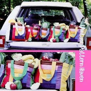 May include: A car trunk filled with colorful, striped tote bags overflowing with fresh produce. The bags have rainbow-colored panels and sturdy handles. Fruits and vegetables, including apples, bananas, and watermelon, are visible.