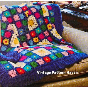 Vintage 1970s Crochet Afghan Pattern - Granny Square Flower Motifs with Braided Border & Fringe - Lap Throw or Crib Cover Tutorial