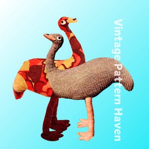 May include: Vintage knitting pattern for two knitted ostrich toys. The pattern features a brown and orange ostrich with a brown head and a gray ostrich with a brown head.