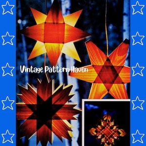 May include: Image features three hanging, star-shaped ornaments with a warm color palette of orange, yellow, and brown. The ornaments are made of wood and have a geometric design. The text "Vintage Pattern Haven" is visible.