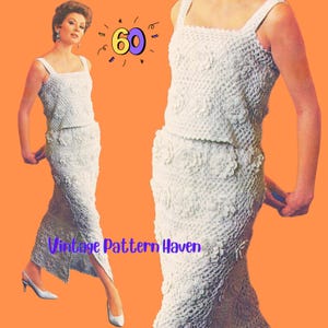 May include: A vintage image of a white crochet dress with a matching top and skirt. The dress has a square neckline and floral detailing. The image has the text "60" and "Vintage Pattern Haven".