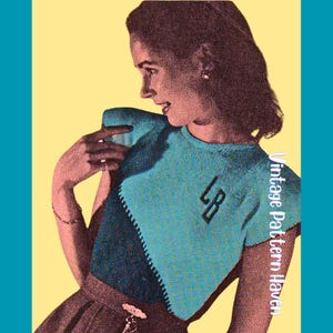 May include: Vintage illustration of a woman wearing a teal knit top with the letters "LB" on the front. The image has a retro aesthetic with a yellow background and teal border. Text on the right side reads "Vintage Pattern Haven".