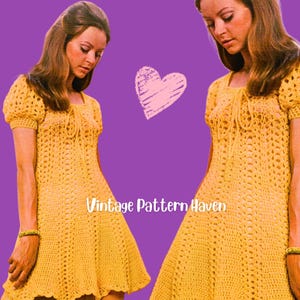 May include: A vintage yellow crochet dress with short sleeves and a square neckline. The dress has a tie detail at the chest and a flared skirt. The text "Vintage Pattern Haven" is displayed on a purple background.