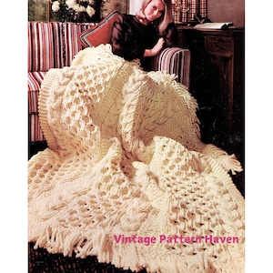 Vintage Crochet Afghan Pattern – Textured Cables & Raised Stitches – Cozy Bulky Yarn Blanket – Cream Sofa Throw or Bedspread – PDF Pattern