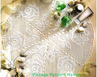 Vintage Rose Doily Crochet Pattern PDF | Round Filet Crochet Design | 25.5" Diameter Doily | Retro Elegant Table Centerpiece Decor
