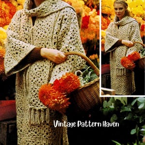 Modello PDF per cappotto vintage all'uncinetto – Giacca e sciarpa a quadri stile nonna – Cappotto patchwork boho all'uncinetto – Modello per cardigan lungo retrò