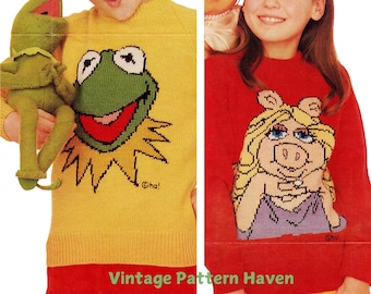 Vintage Muppet Sweater Knitting Pattern – Miss Piggy & Kermit Intarsia Kids Novelty Pullovers – 5 Sizes – DIY Retro Knit Project