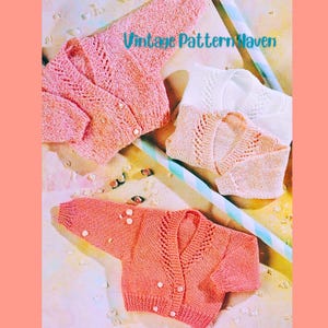May include: Three knitted cardigans in shades of pink and white, each featuring a V-neckline with decorative eyelet detailing along the front edges and long sleeves. The text "Vintage Pattern Haven" is printed in teal across the top of the image.