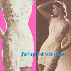 May include: Vintage image of a knitted dress with a scoop neckline and spaghetti straps. The dress is a light cream colour and has a vertical ribbed pattern. The text "Vintage Pattern Haven" is in the image.