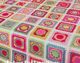 Schema per coperta all'uncinetto Boho / Copriletto quadrato colorato della nonna in PDF / Copriletto floreale all'uncinetto vintage / Tutorial per coperta Crazy Quilt con filato di scarto