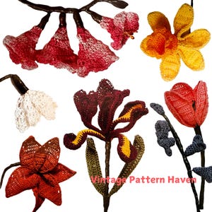 May include: A collection of crocheted flowers in various colors, including red, white, yellow, orange, and brown. The flowers are arranged on a white background. Vintage Pattern Haven is written in the bottom right corner of the image.