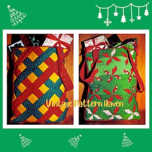 May include: Two quilted Christmas tote bags. One bag features a red, yellow, and teal diamond pattern. The other bag has a green background with red and white starburst designs. Both bags are filled with wrapped gifts and have red straps. The text "Vintage Pattern Haven" is visible.
