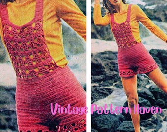Vintage Crochet Playsuit Pattern – 1970s Boho Hot Pants with Bib, Flower Detail, Hippie Beach Outfit, Retro Summer Romper PDF