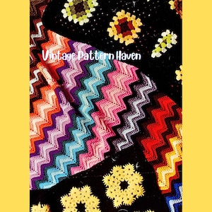 May include: A colorful, handmade crochet blanket with a chevron pattern in shades of orange, purple, blue, and red. The blanket also features square crochet motifs in yellow, green, and brown. The text "Vintage Pattern Haven" is visible.
