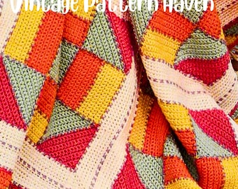 Vintage Crochet Quilt Afghan Pattern PDF – Pieced Coverlet in Single Crochet – Colorful Geometric Design Sofa – Bold Throw or Blanket