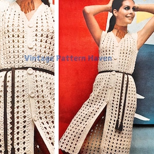 May include: A crochet dress with a V-neckline, sleeveless, and a brown belt. The dress has a crocheted pattern with a diamond shape. The dress is white and has a brown tassel on the belt.