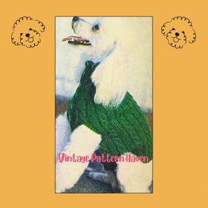 Puede incluir: Un caniche blanco con un suéter de punto verde con un patrón de trenza. El suéter tiene ribetes blancos alrededor del cuello y las mangas. El perro está mirando hacia la izquierda. La imagen tiene el texto "Vintage Pattern Haven" en la parte inferior.
