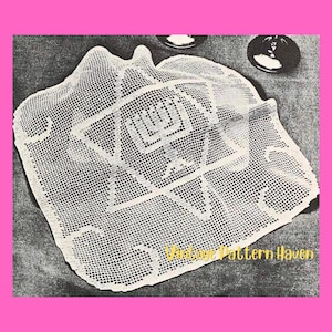 May include: A vintage white crocheted doily with a geometric design. The doily features a central square motif surrounded by a star-like pattern and decorative edging. The text "Vintage Pattern Haven" is visible in the lower right corner.