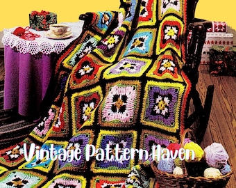 Vintage Pansy Afghan Crochet Pattern – Bold Colorful Boho Floral Blanket, Retro Flower Throw, DIY Picnic Rug, Cozy Sofa Decor