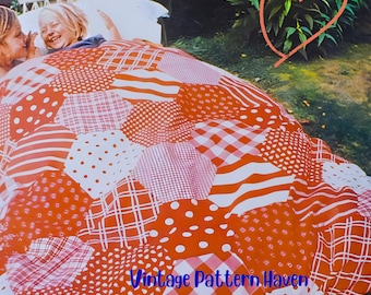 Vintage 1970s Patchwork Quilt Cover Sewing Pattern – Oversized Hexagon Doona/Duvet Cover, Boho Retro Bedding, Beginner Quilt Project