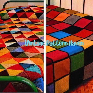Puede incluir: Un edredón de retazos colorido con un diseño geométrico. El edredón presenta una variedad de colores, incluyendo rojo, naranja, amarillo, azul y verde. El texto "Vintage Pattern Haven" es visible.