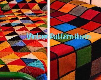 Modèle de tricot pour jeté de lit coloré : motifs triangulaires et carrés, tricots faciles pour débutants, couverture en patchwork rétro audacieux