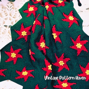 Vintage Poinsettia Afghan Crochet Pattern – Festive Granny Hexagon Blanket, Easy Christmas Throw DIY, Holiday Crochet PDF Pattern