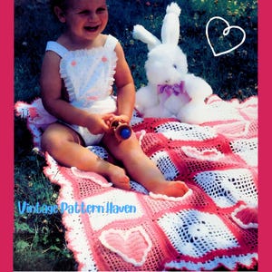 Vintage Crochet Heart Baby Blanket Pattern – Filet Hearts & Shell Border Afghan, 36” Square, Heirloom Christening Gift PDF Tutorial