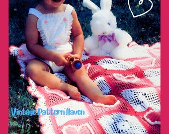Vintage Crochet Heart Baby Blanket Pattern – Filet Hearts & Shell Border Afghan, 36” Square, Heirloom Christening Gift PDF Tutorial