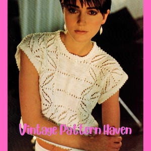 Puede incluir: Un patrón de tejido vintage para un top blanco de ganchillo con un delicado diseño de encaje. El patrón se titula "Vintage Pattern Haven".