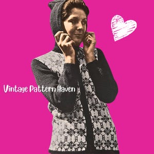 May include: A vintage black and white knitted vest with a geometric pattern, worn over a black long-sleeved top. The image features the text "Vintage Pattern Haven" on a bright pink background.