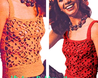 Vintage 1970s Lace Crochet Top Pattern – Floral Motif Tank – Boho Hippie Summer Top Tutorial – Fits 32–36" Bust – Retro Crochet Pattern