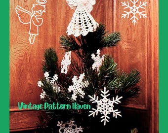 Vintage Crochet Christmas Ornaments Pattern – Lace Crochet Angel & Snowflake Motifs – Retro DIY Holiday Tree Decorations Tutorial PDF