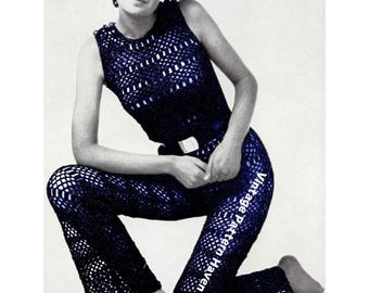 1970s Crochet Jumpsuit Pattern – Vintage PDF, Sexy High Neck Pantsuit, Festival Outfit, Party Wear, Flattering Retro Crochet Pattern