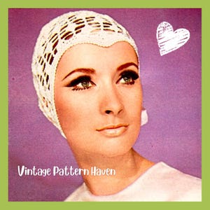 May include: A vintage image featuring a woman wearing a white, open-weave crochet head covering. The image has a purple background with a green border and the text "Vintage Pattern Haven". A white heart graphic is in the upper right corner.