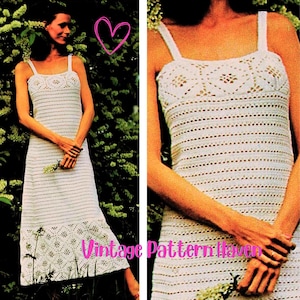 1970s Boho Crochet Dress Pattern PDF | Vintage Filet Lace Maxi Dress with Floral Detail | Summer Party or Beach Wedding Dress DIY