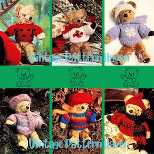 Vintage Knitting Pattern PDF – Teddy Bear Clothes – 5 Knitted Sweaters + Hats & Scarves – Scrap Yarn Project – Kids Gift – Toy Accessories
