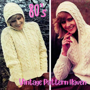 May include: Cream-colored knitted sweater and hat with a cable knit design. The sweater has a zipper closure and is paired with a matching hat. The image has the text "80's" and "Vintage Pattern Haven".