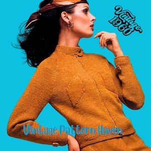 May include: Mustard-colored knit jacket with a high collar and button details. The jacket has a textured appearance and is paired with a matching skirt. The image includes the text "Vintage 1960" and "Vintage Pattern Haven".
