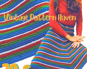 Vintage 1970s Crochet Skirt & Cap Pattern PDF – Striped Boho Poncho Skirt with Pointed Hem – Festival Outfit – Hippie Crochet Clothes