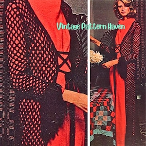 May include: A vintage fashion image featuring a woman in a long, red dress with a black, open-weave overlay. The overlay has a diamond pattern and black trim. The text "Vintage Pattern Haven" is visible.
