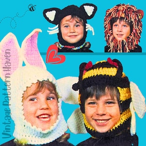 May include: A vintage crochet pattern for making animal hats. The pattern includes instructions for making a bunny, bee, lion, and cat hat. Each hat is shown being worn by a child.