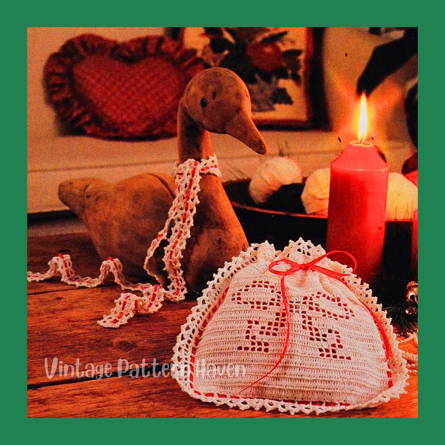 30 Vintage Christmas Crochet Patterns for Holiday Decorating, Gifting, and Keepsakes 24 Filet Crochet Gift Bag and Ribbon