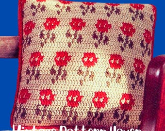 Patrón de cojín vintage de tulipán a crochet: decoración retro primaveral, funda de cojín floral DIY, molde de cojín de 30 cm, proyecto de crochet rápido y fácil