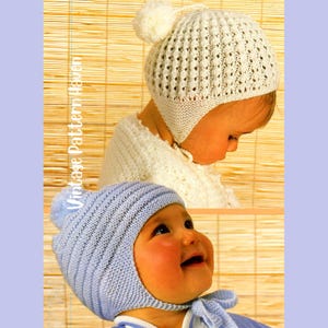 May include: Two baby bonnets, one white with a pom-pom and open knit design, and one light blue with a ribbed pattern. The bonnets are on babies, with the text "Vintage Pattern Haven" visible.