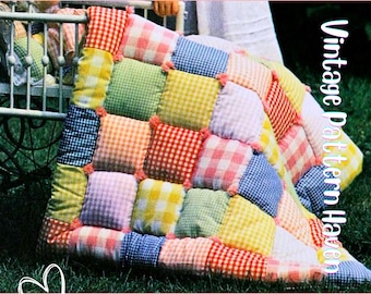 1970年代のヴィンテージパフキルトパターン | バブルビスケットキルトの縫製パターン | レトロギンガムスクラップキルトDIYベビータミータイムブランケット