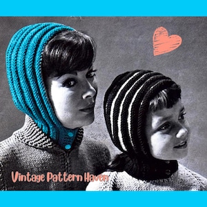 May include: A vintage black and white image features two people wearing knitted hoods. One hood is bright blue, the other is black and white striped. The blue hood has two blue buttons. The text "Vintage Pattern Haven" is at the bottom.
