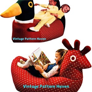 Vintage Sewing Pattern PDF – Jumbo Duck & Hen Cushion Seats for Kids – Fun Animal Chair Toys – DIY Christmas or Birthday Gift Idea