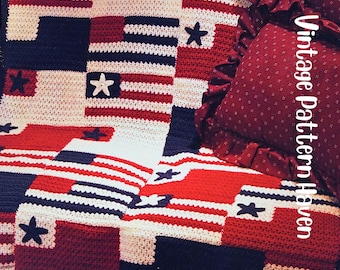 Vintage American Flag Afghan Crochet Pattern | Patriotic Stars & Stripes Throw | 46 x 62 " Blanket | 4th of July Decor | Handmade Gift Idea